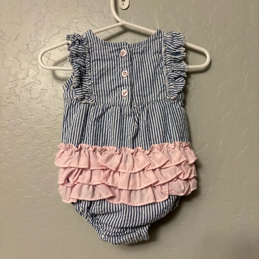 ⭐️Ruffle Butts blue and white striped pink bow ruffle romper 0-3 months